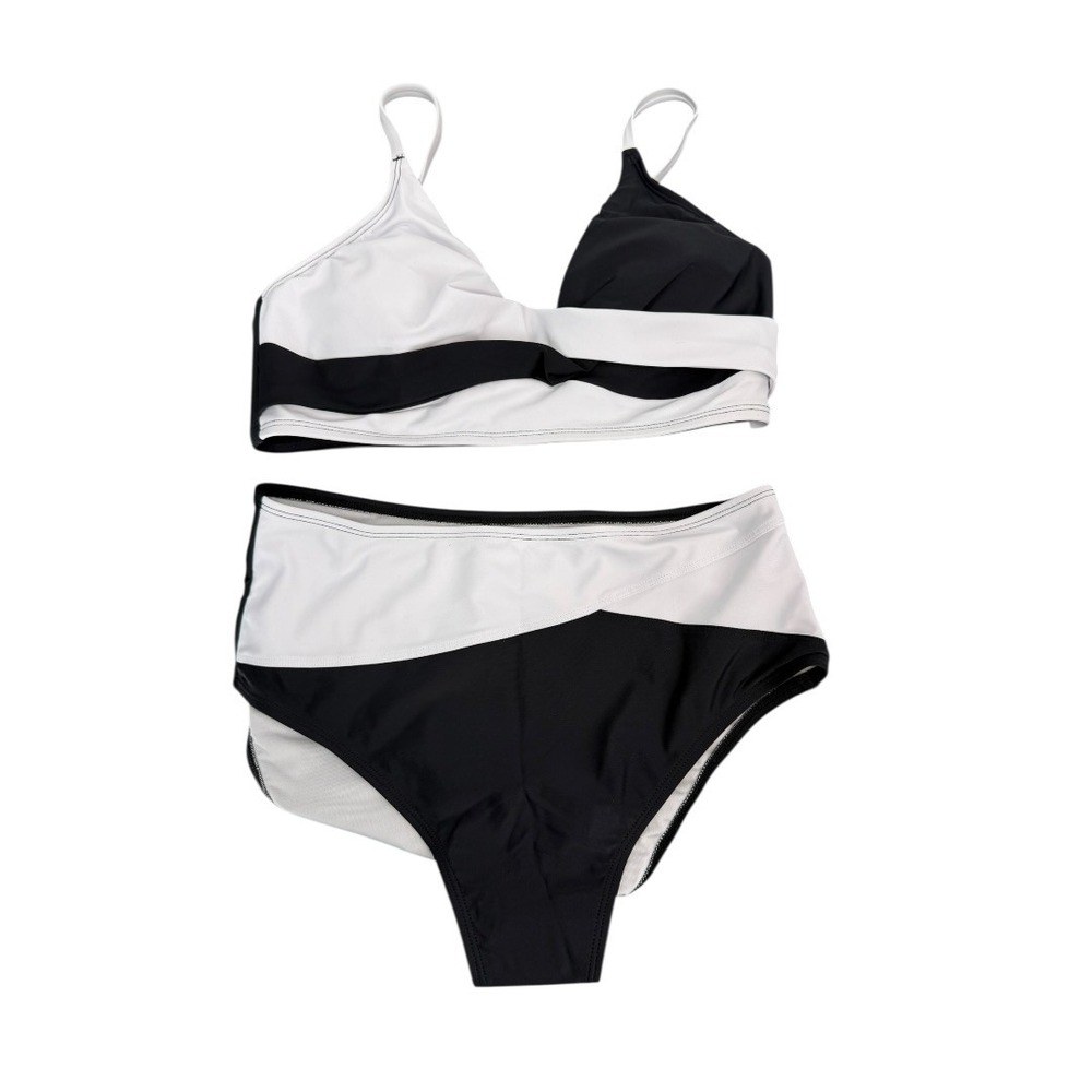 Cupshe NWT White and Black Color Block Crisscross Bikini Set High Waisted Medium - Picture 2 of 10